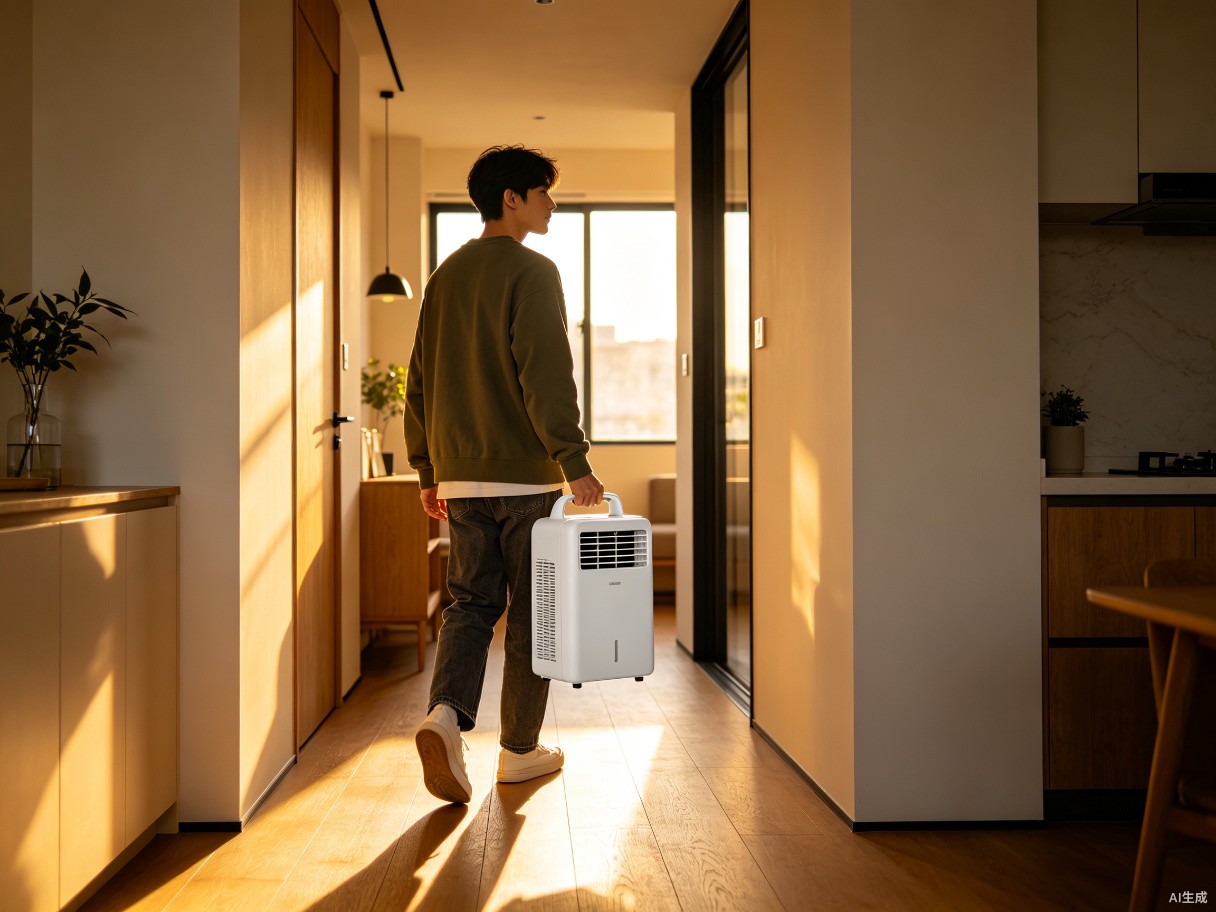 Person carrying Coolizi portable air conditioner