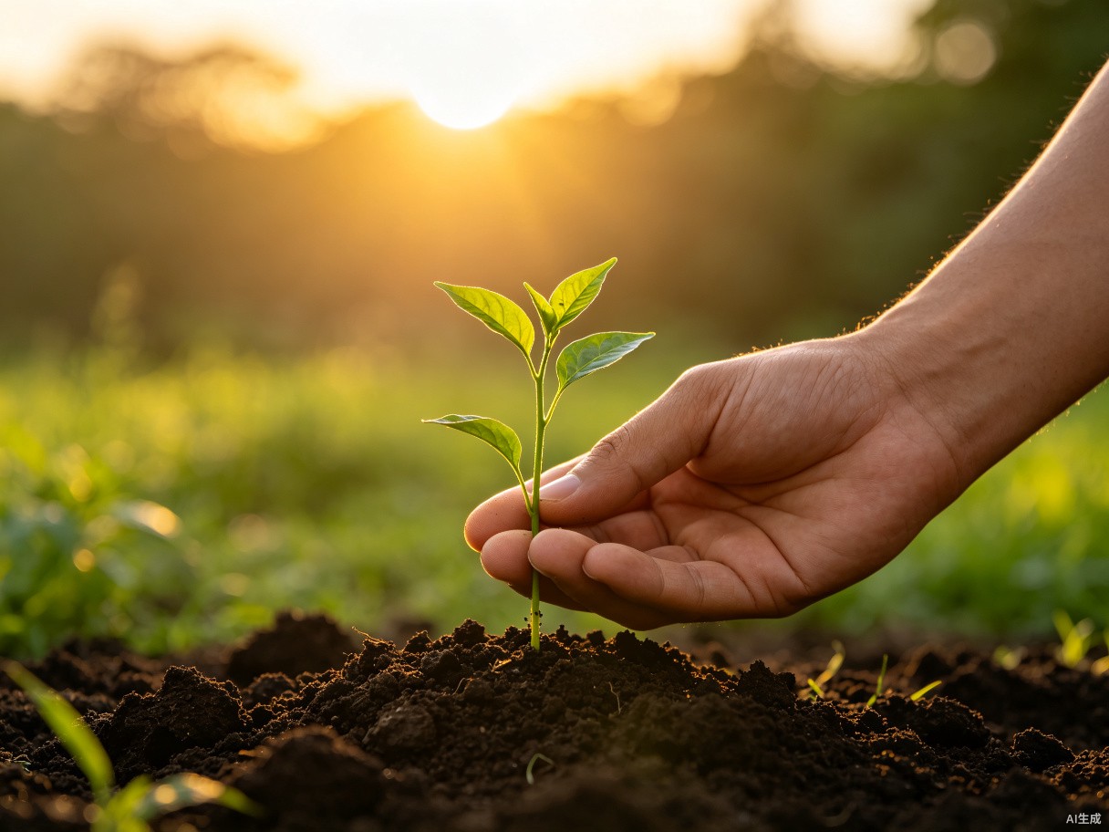 Hand holding a small green plant representing growth and sustainability